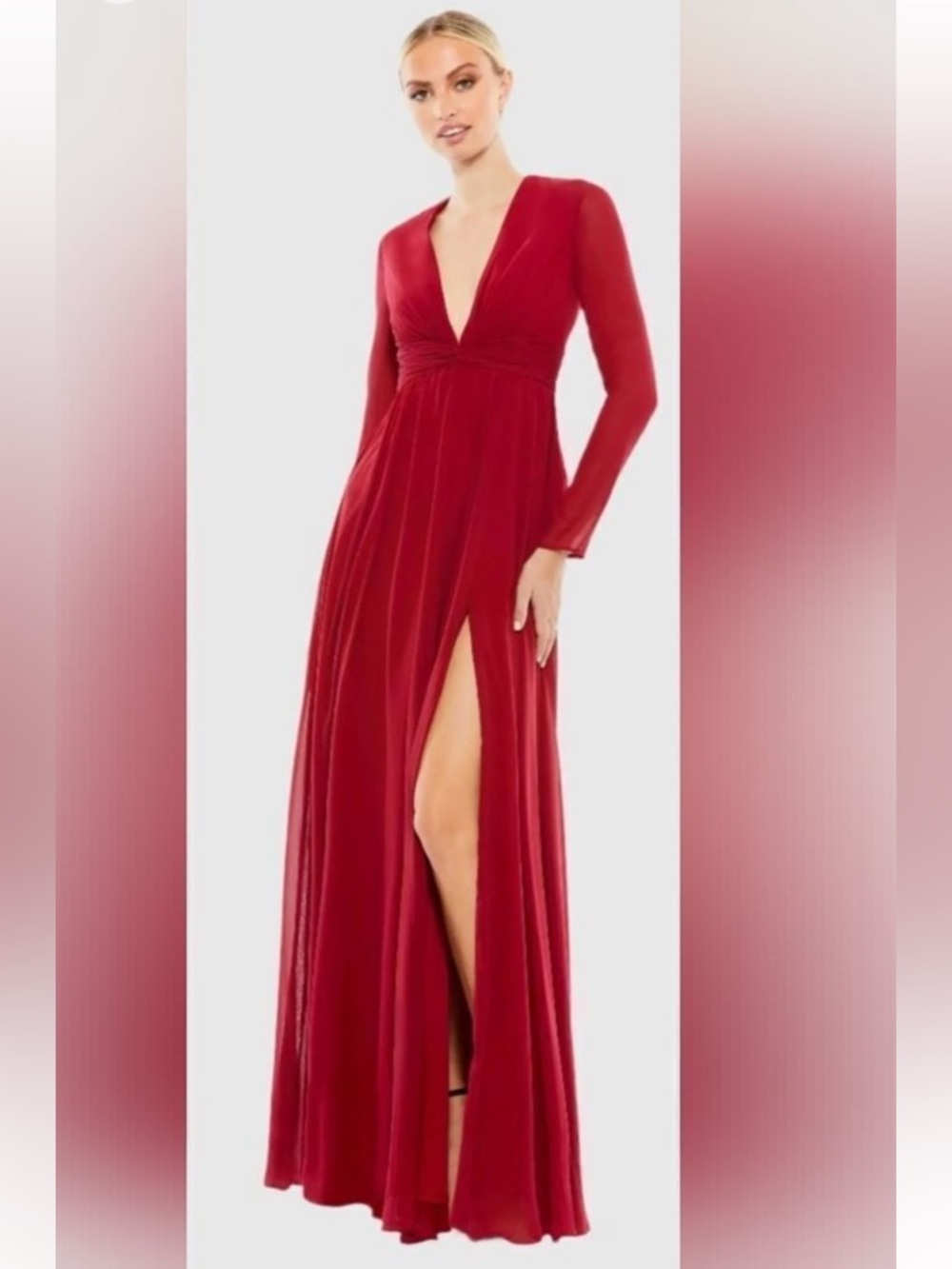 Mac Duggal Red Long Sleeve Deep V Maxi Gown with Thigh Slit